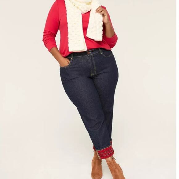 Lane Bryant Denim - Lane Bryant Mid Rise Dreamfeel Boyfriend Plaid Cuff Jeans Size 16P Blue Red
